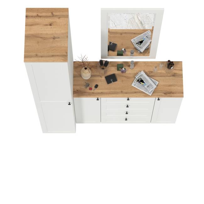 Комод четыре ящика и две дверки с пеналом для прихожей и зеркалом Остин цвет белый шагрень/дуб крафт золотой