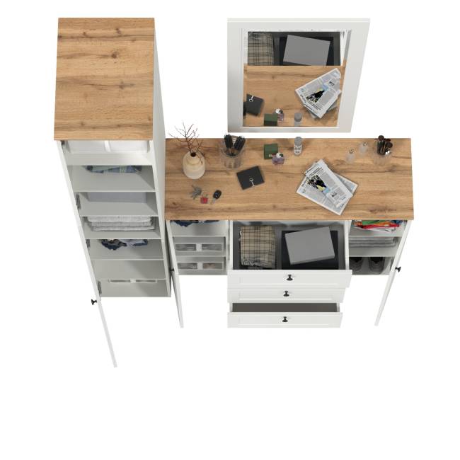 Комод четыре ящика и две дверки с пеналом для прихожей и зеркалом Остин цвет белый шагрень/дуб крафт золотой